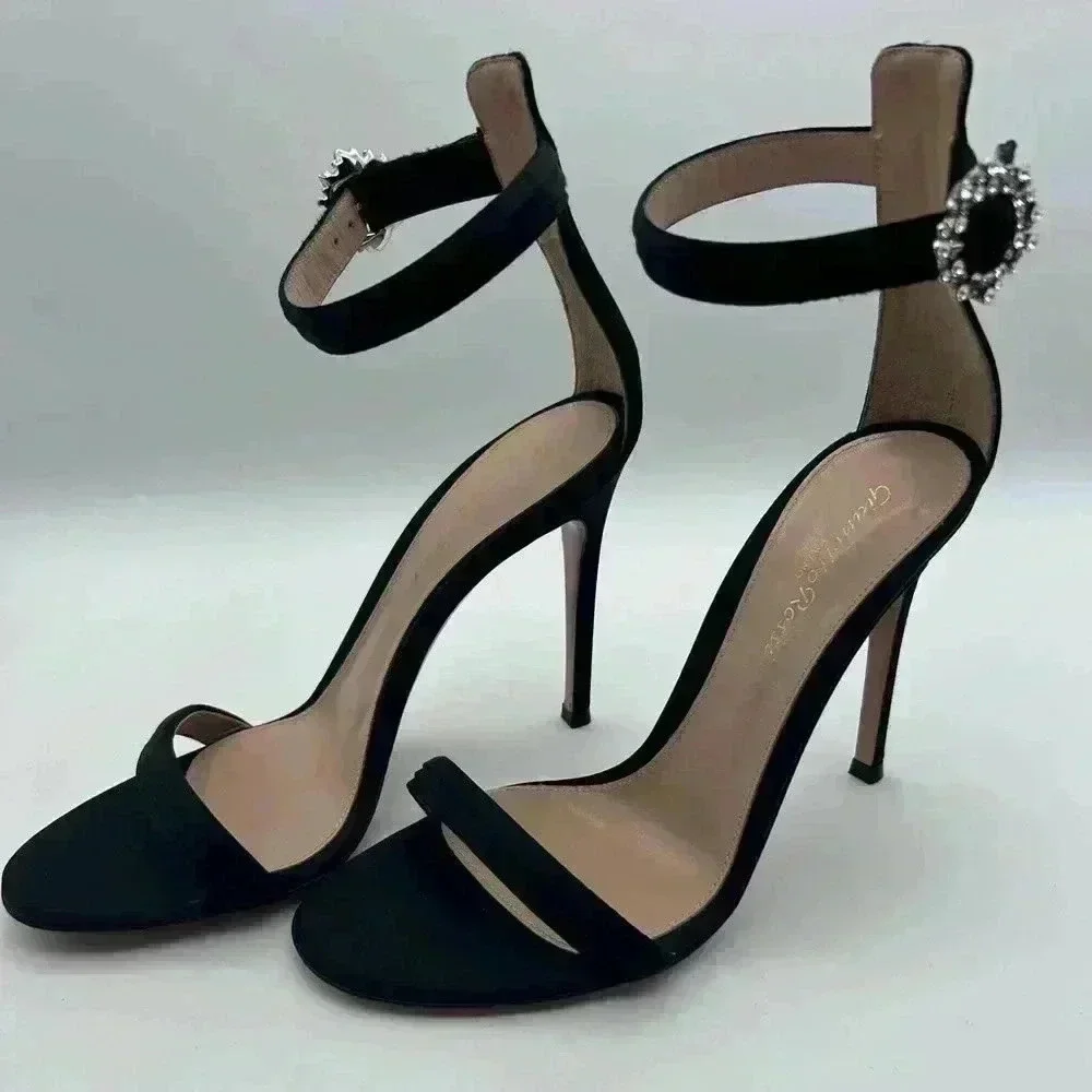 GIANVITO ROSSI Ava Crystal Embellished Satin Sandals Heels Black Size 37 - Picture 6 of 14